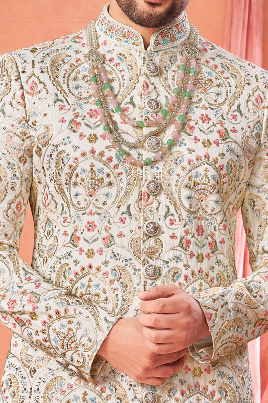 Off White Art Silk Indian Sherwani (NMK-8946)