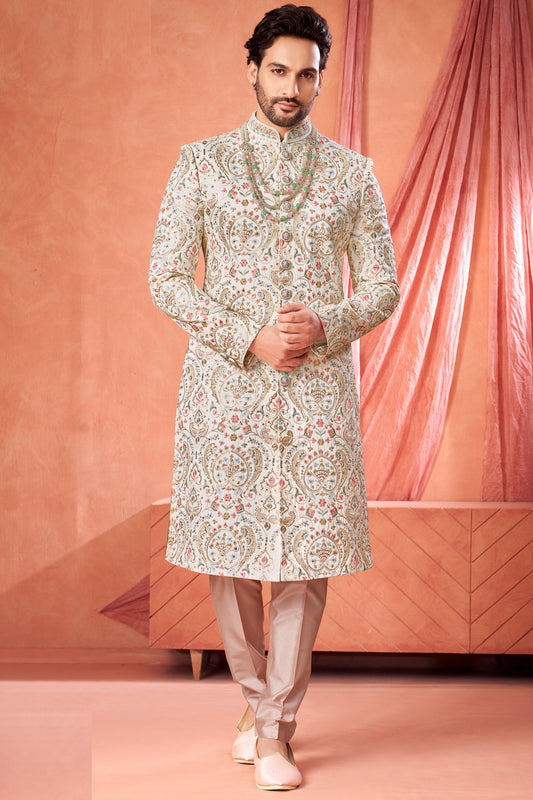Off White Art Silk Indian Sherwani (NMK-8946)