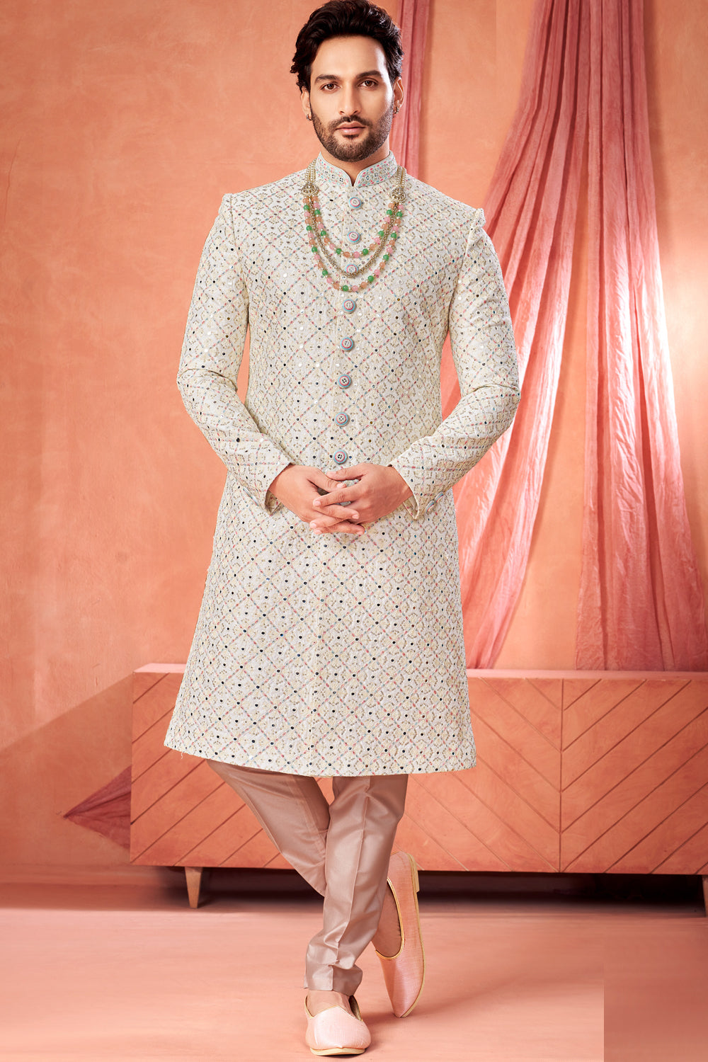 Off White Art Silk Embroidered Sherwani (NMK-8947)