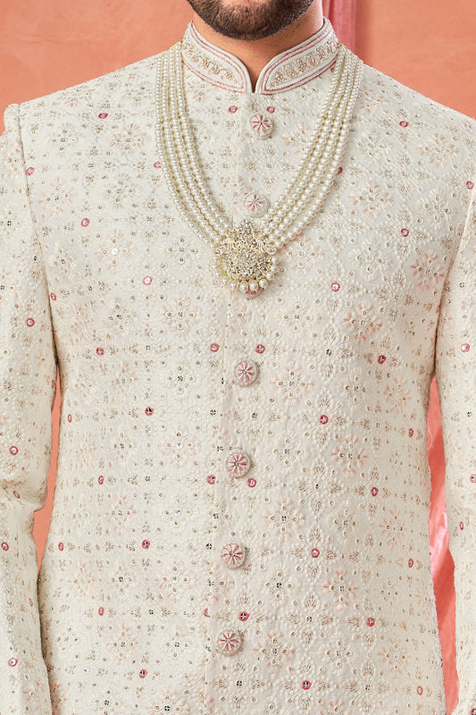 Off White Art Silk Sherwani for Men(NMK-8948)