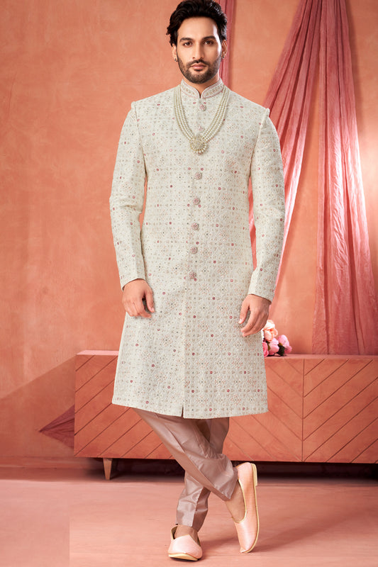 Off White Art Silk Sherwani for Men(NMK-8948)