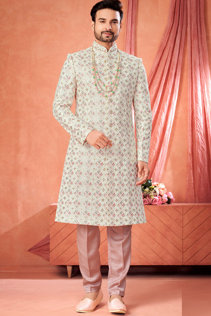 Off White Art Silk Grooms Sherwani (NMK-8949)