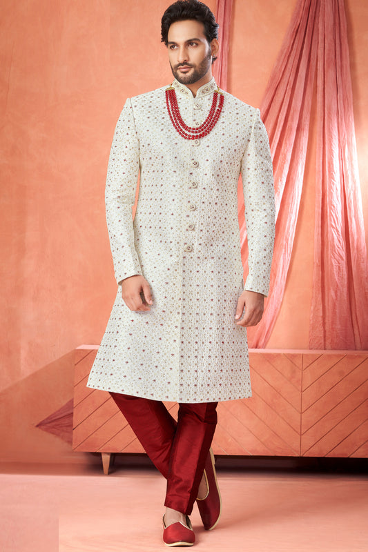Off White Art Silk Grooms Wedding Sherwani (NMK-8950)