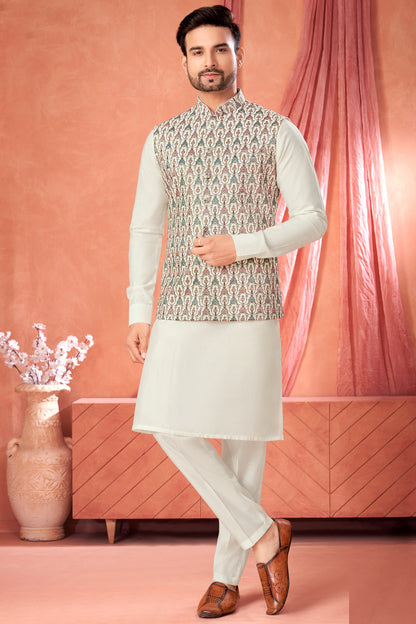 Cream Art Banarasi Silk Nehru Jacket (NMK-8951)