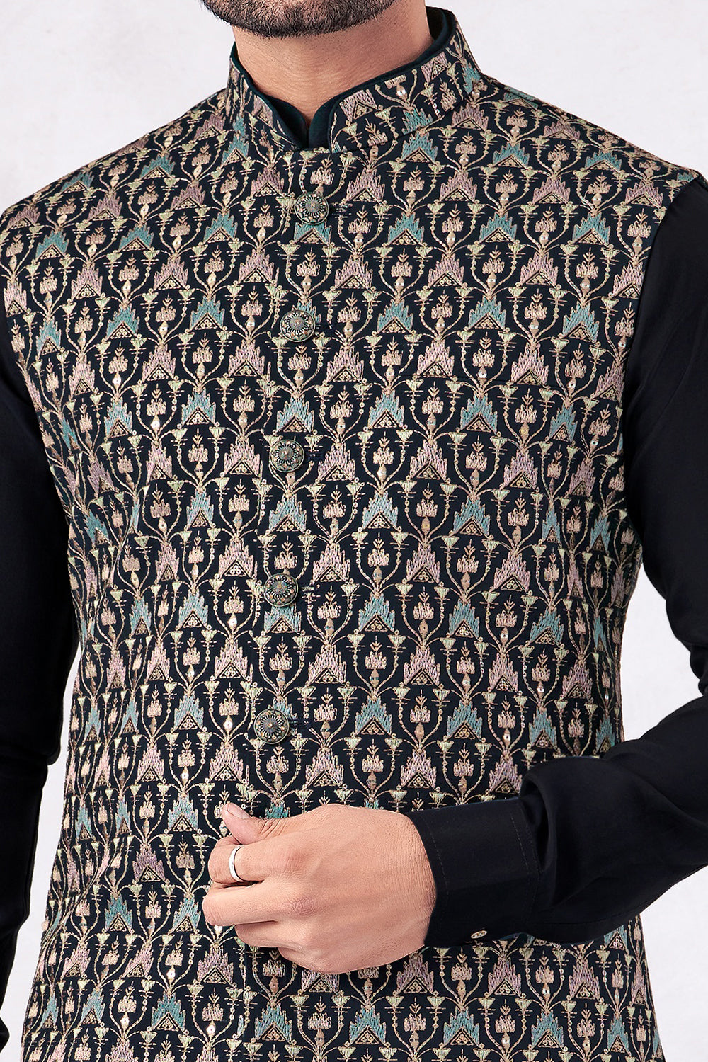 Navy Blue Art Banarasi Silk Nehru Jacket (NMK-8952)