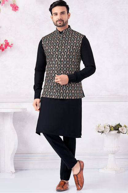 Navy Blue Art Banarasi Silk Nehru Jacket (NMK-8952)