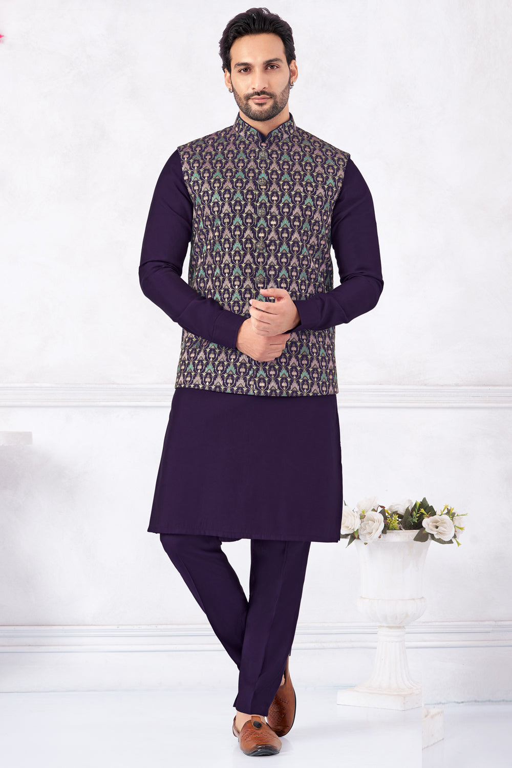 Purple Art Banarasi Silk Nehru Jacket (NMK-8953)