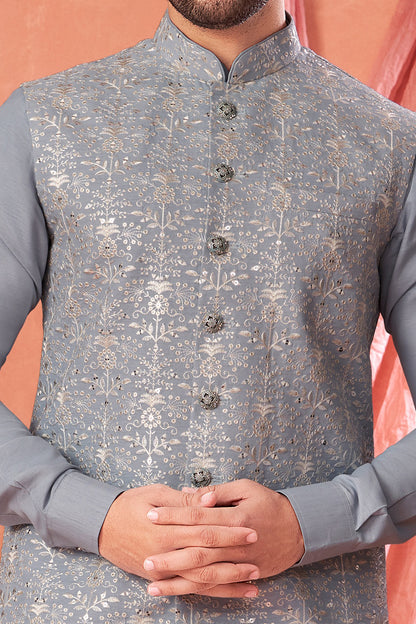 Ice Blue Art Banarasi Silk Nehru Jacket (NMK-8954)