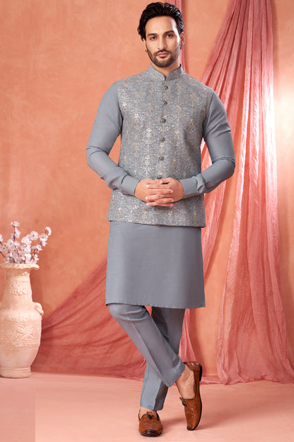 Ice Blue Art Banarasi Silk Nehru Jacket (NMK-8954)