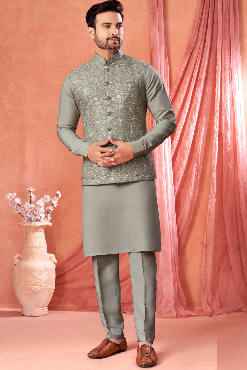 Grey Art Banarasi Silk Nehru Jacket (NMK-8955)