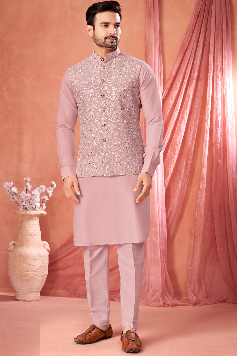Pink Art Banarasi Silk Nehru Jacket (NMK-8956)