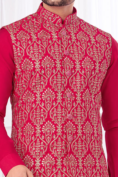 Dark Pink Art Banarasi Silk Nehru Jacket (NMK-8957)