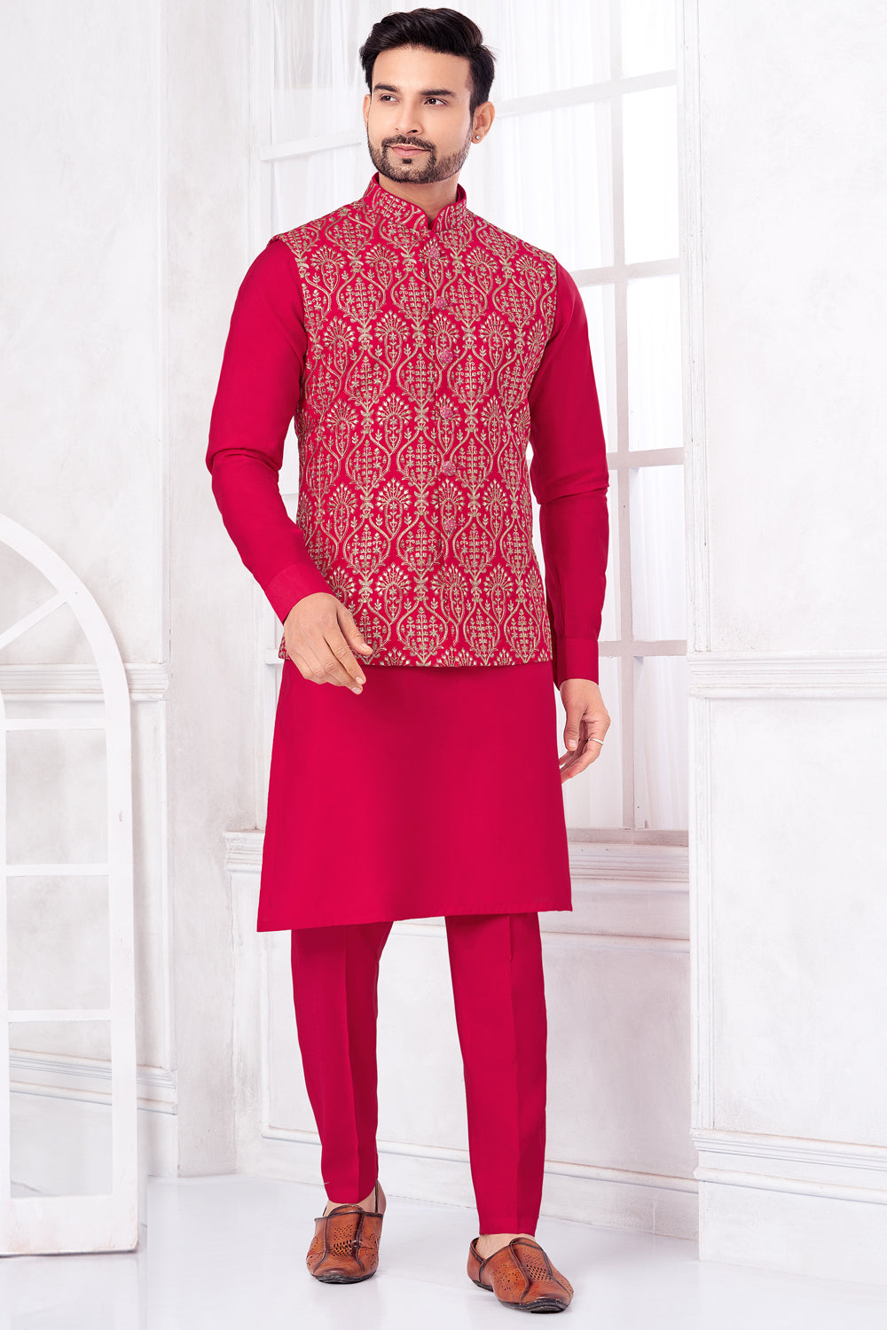 Dark Pink Art Banarasi Silk Nehru Jacket (NMK-8957)