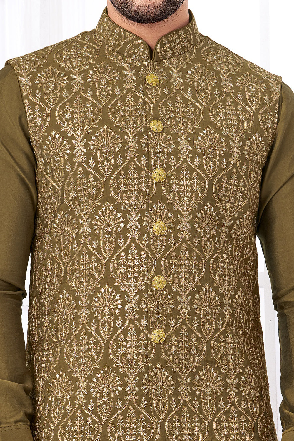 Mehendi Green Art Banarasi Silk Nehru Jacket (NMK-8959)
