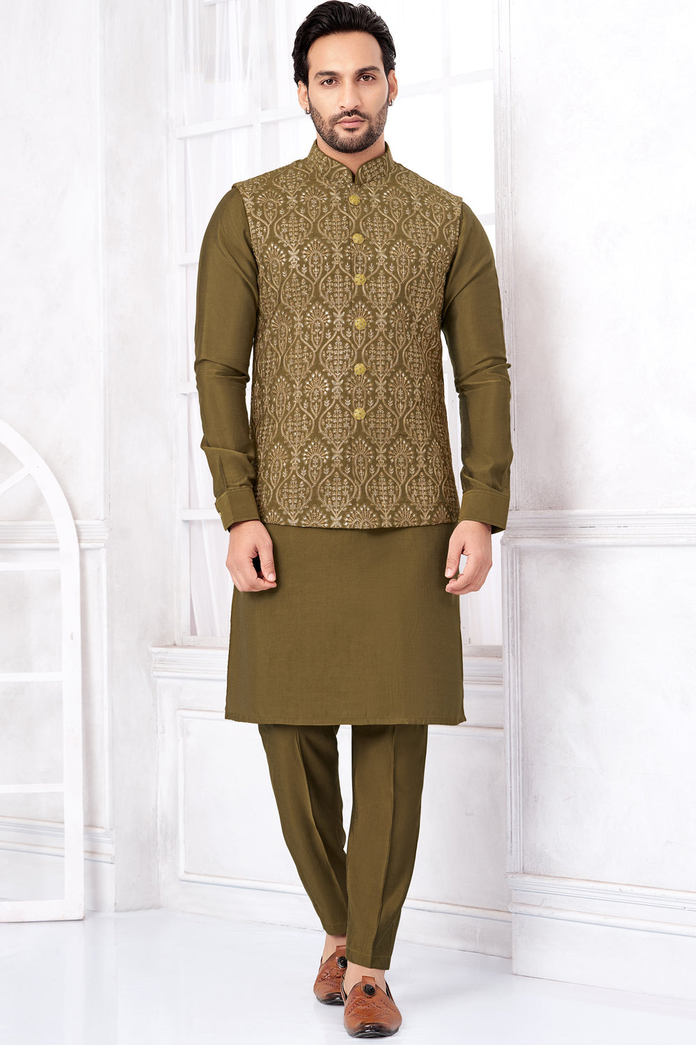 Mehendi Green Art Banarasi Silk Nehru Jacket (NMK-8959)