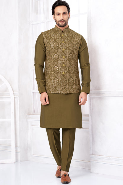 Mehendi Green Art Banarasi Silk Nehru Jacket (NMK-8959)