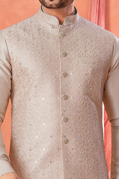 Onion Pink Art Banarasi Silk Nehru Jacket (NMK-8960)