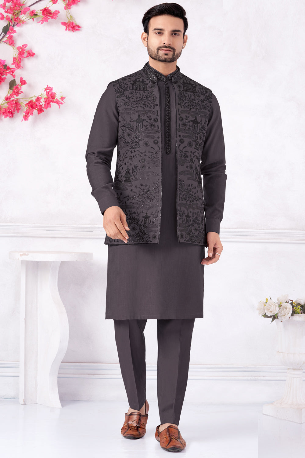 Purple Art Banarasi Silk Nehru Jacket (NMK-8962)