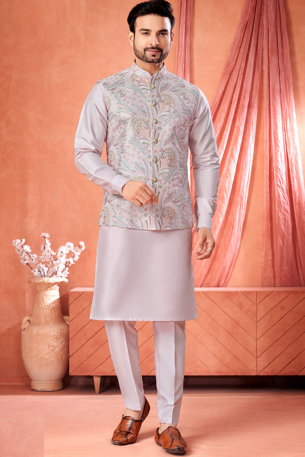 Light Lavender Art Banarasi Silk Nehru Jacket (NMK-8963)