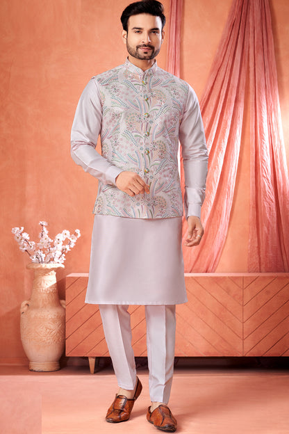 Light Lavender Art Banarasi Silk Nehru Jacket (NMK-8963)