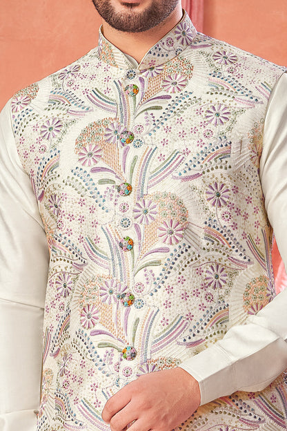 Cream Art Banarasi Silk Mens Nehru Jacket (NMK-8964)