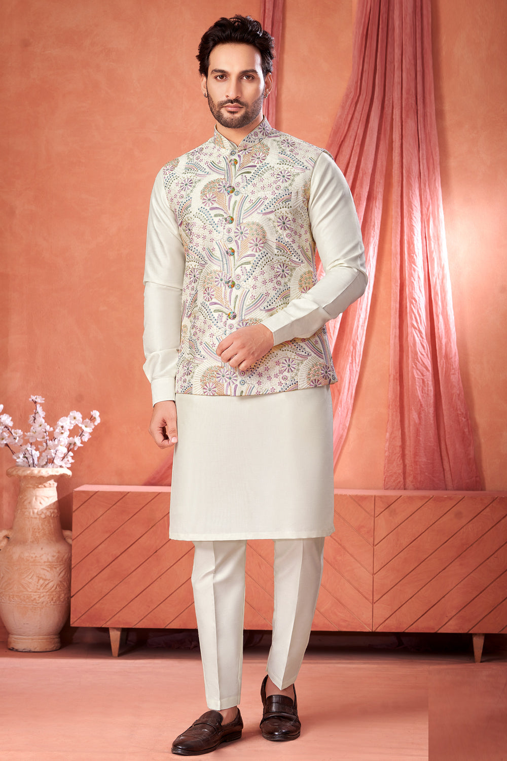 Cream Art Banarasi Silk Mens Nehru Jacket (NMK-8964)