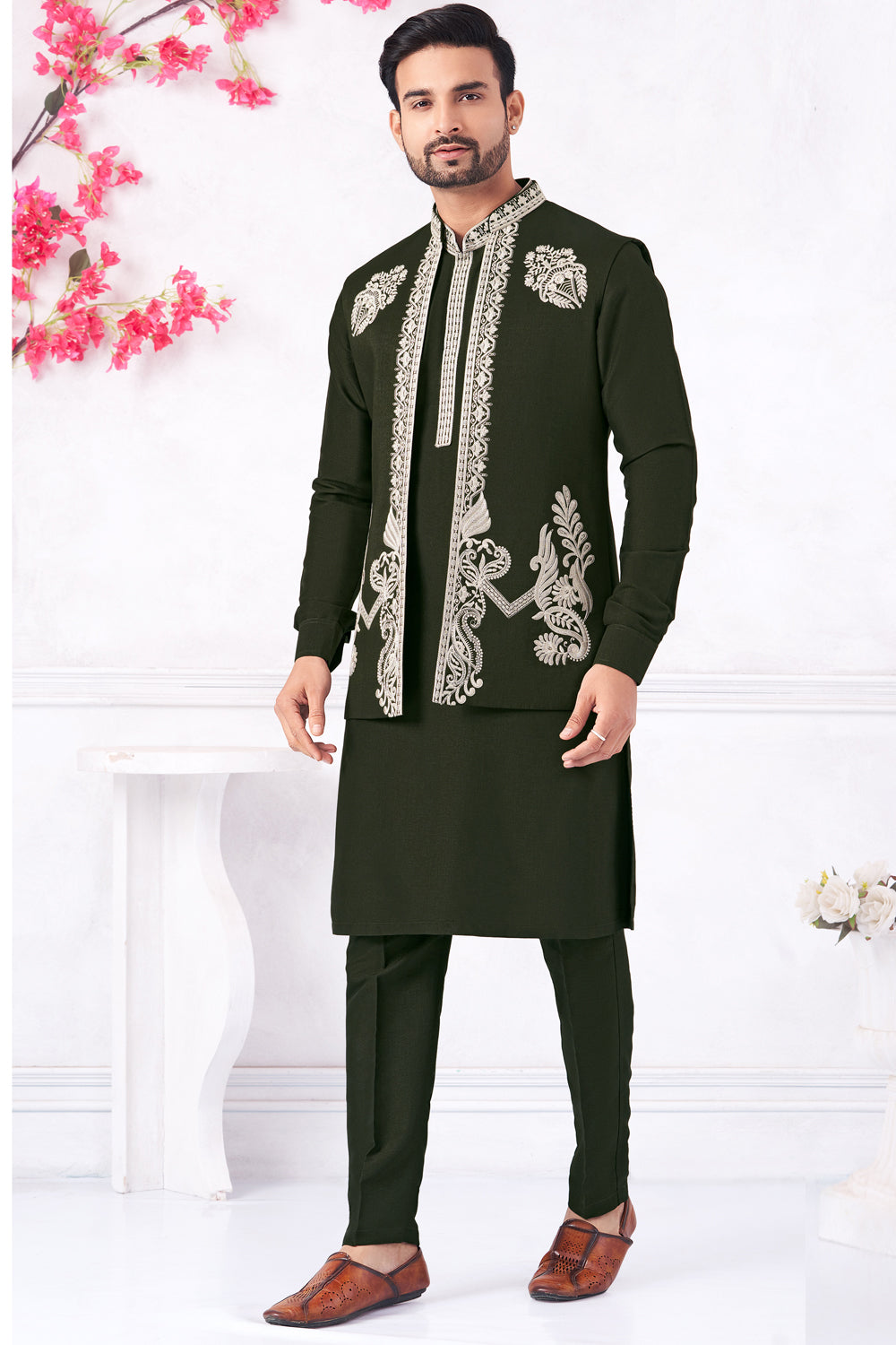 Green Art Banarasi Silk Nehru Jacket (NMK-8966)