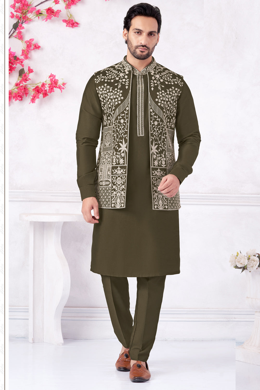 Green Art Banarasi Silk Nehru Jacket (NMK-8968)