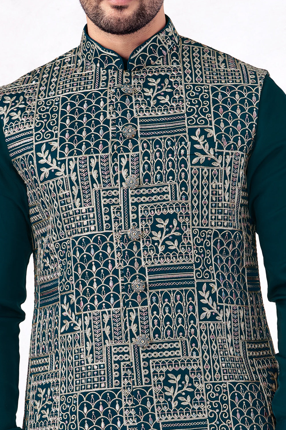 Teal Art Banarasi Silk Nehru Jacket (NMK-8969)