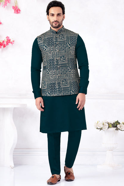 Teal Art Banarasi Silk Nehru Jacket (NMK-8969)