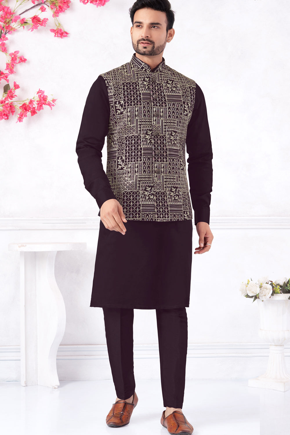 Purple Art Banarasi Silk Nehru Jacket (NMK-8970)