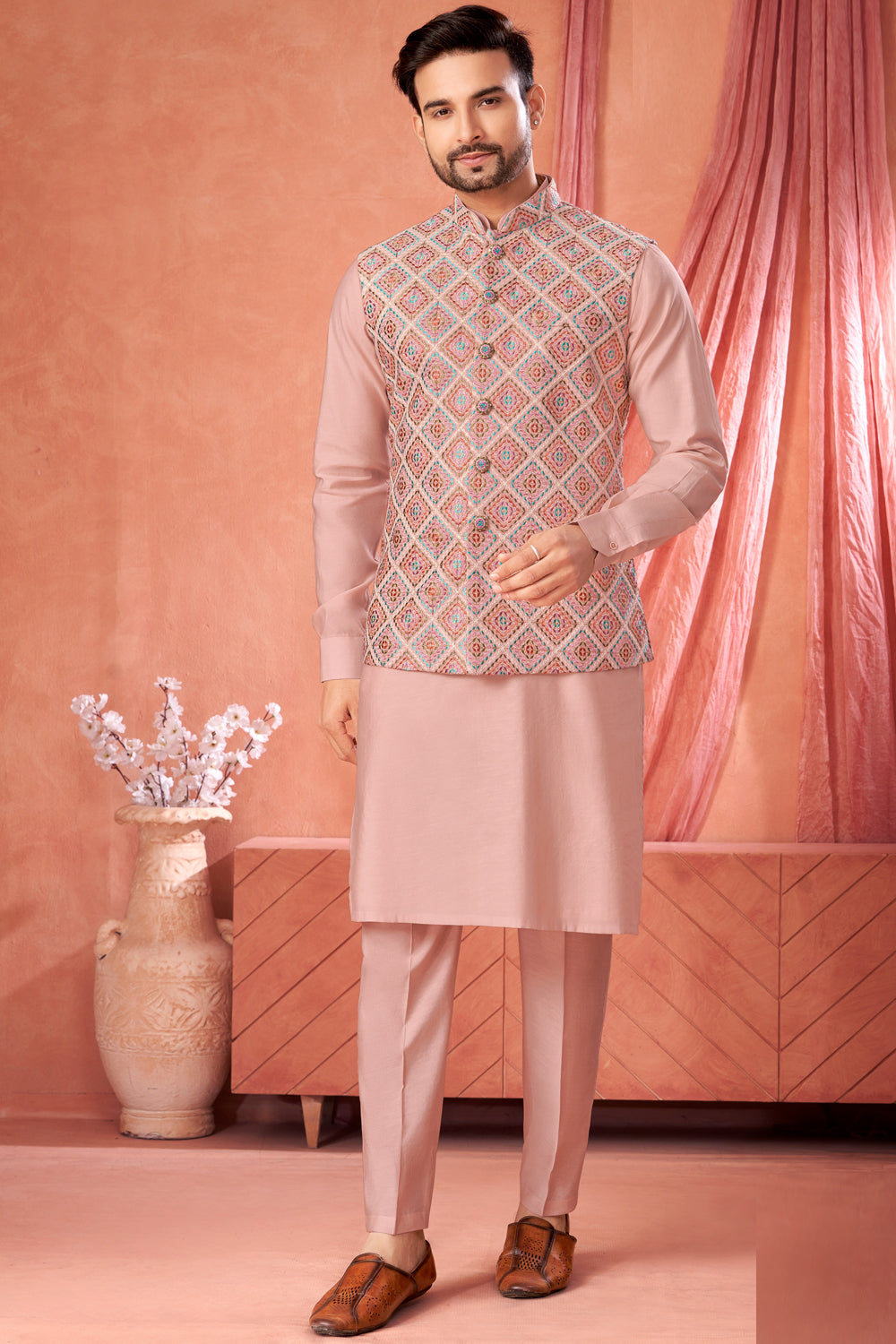 Pink Art Banarasi Silk Nehru Jacket (NMK-8972)