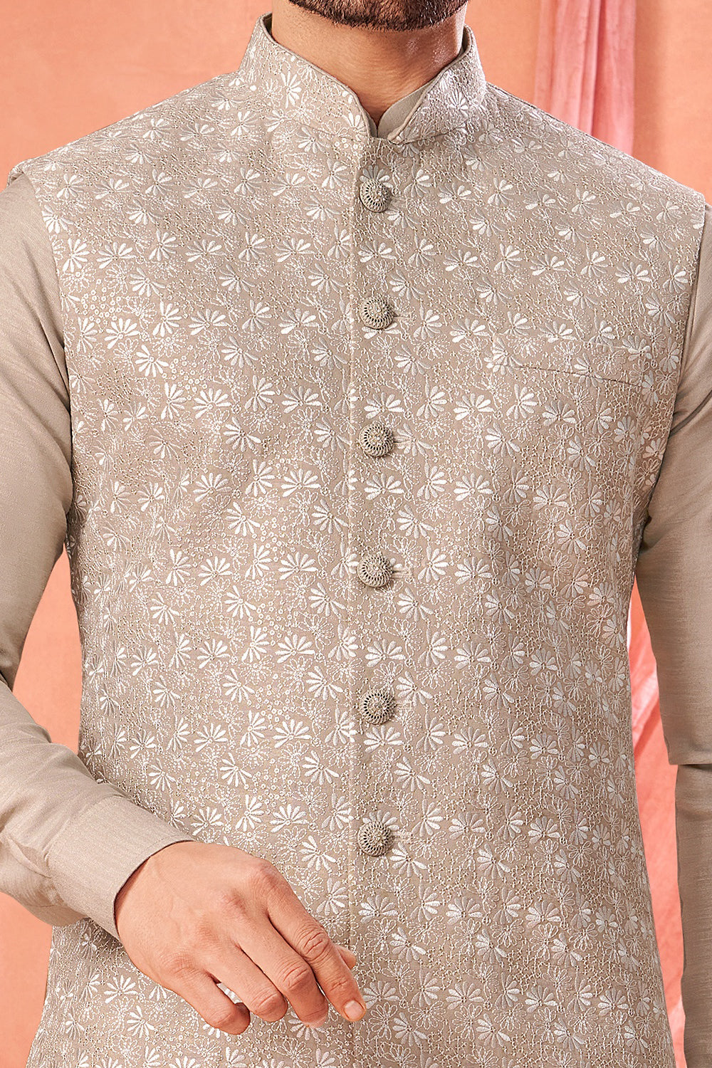 Beige Art Banarasi Silk Nehru Jacket (NMK-8973)