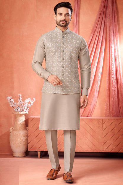 Beige Art Banarasi Silk Nehru Jacket (NMK-8973)