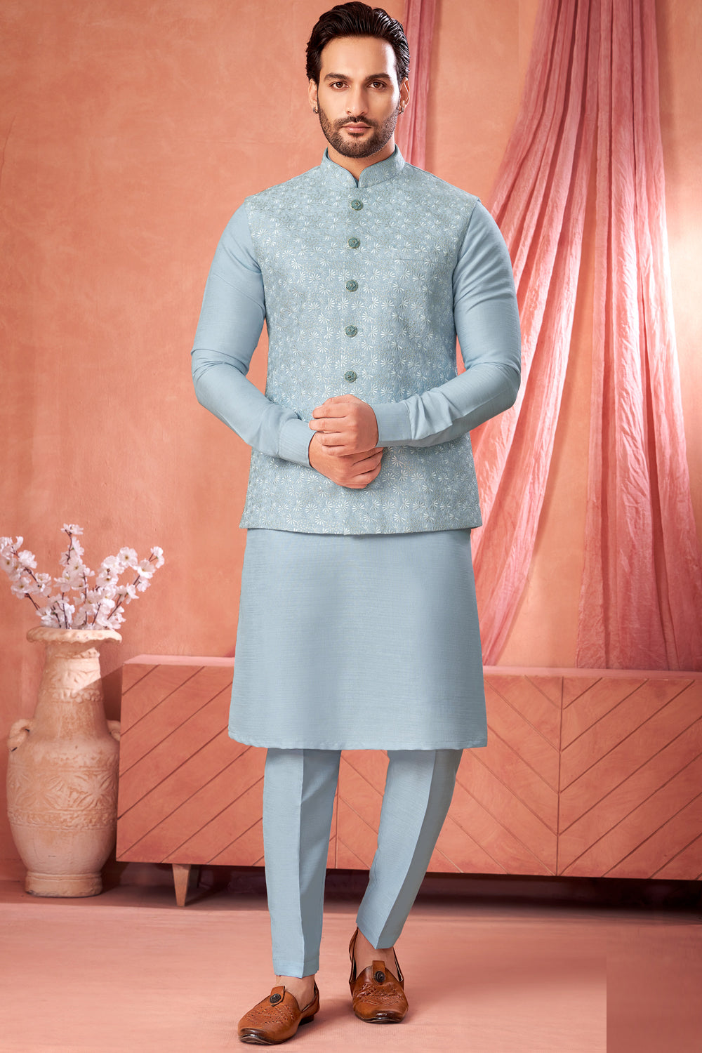 Ice Blue Art Banarasi Silk Nehru Jacket (NMK-8974)