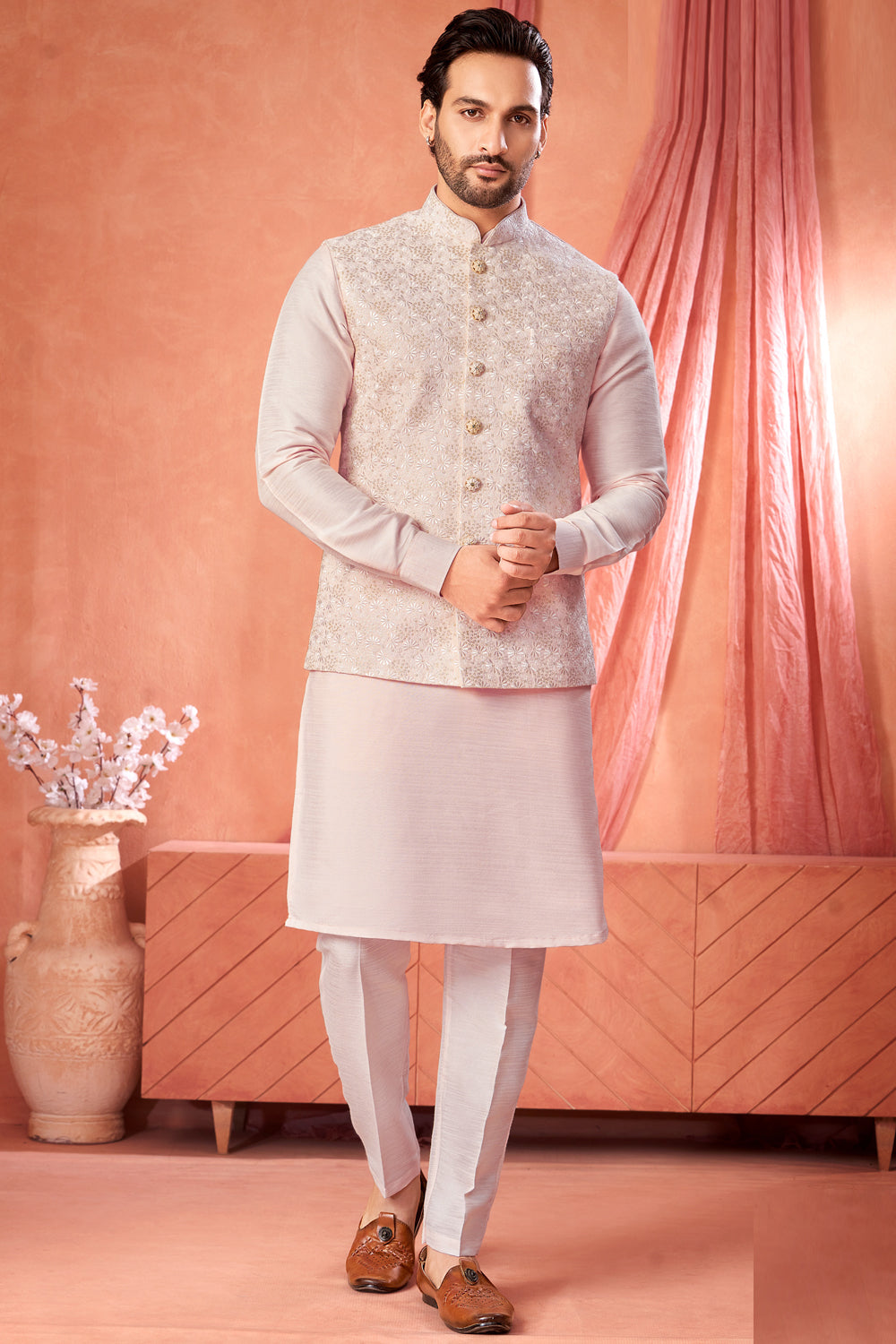 Peach Art Banarasi Silk Nehru Jacket (NMK-8976)
