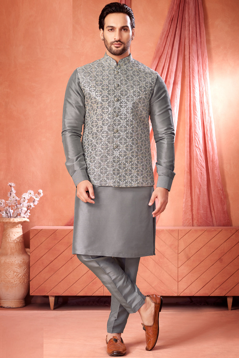 Grey Art Banarasi Silk Mens 'Nehru Jacket (NMK-8982)