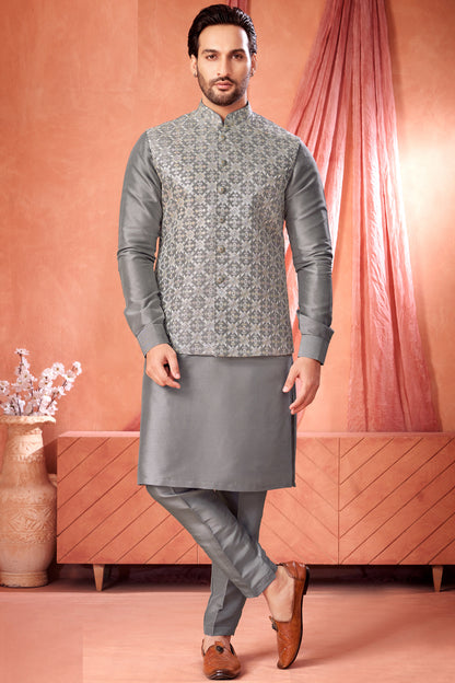 Grey Art Banarasi Silk Mens 'Nehru Jacket (NMK-8982)