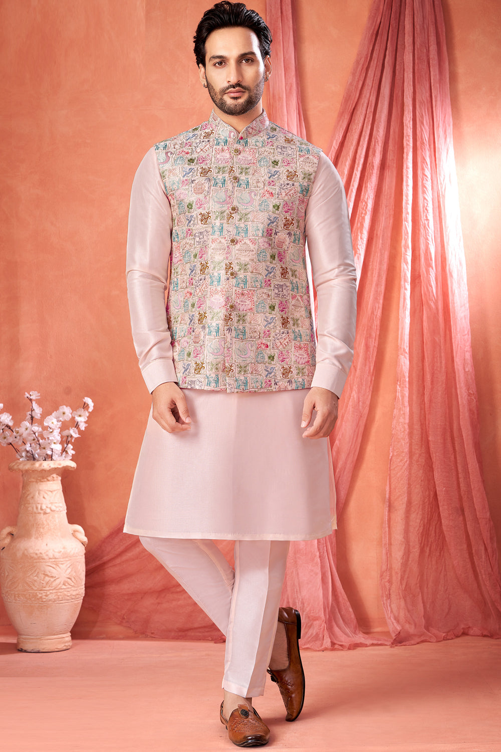 Pink Art Banarasi Silk Nehru Jacket (NMK-8984)