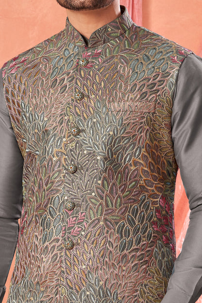 Grey Art Banarasi Silk Nehru Jacket for Men (NMK-8987)