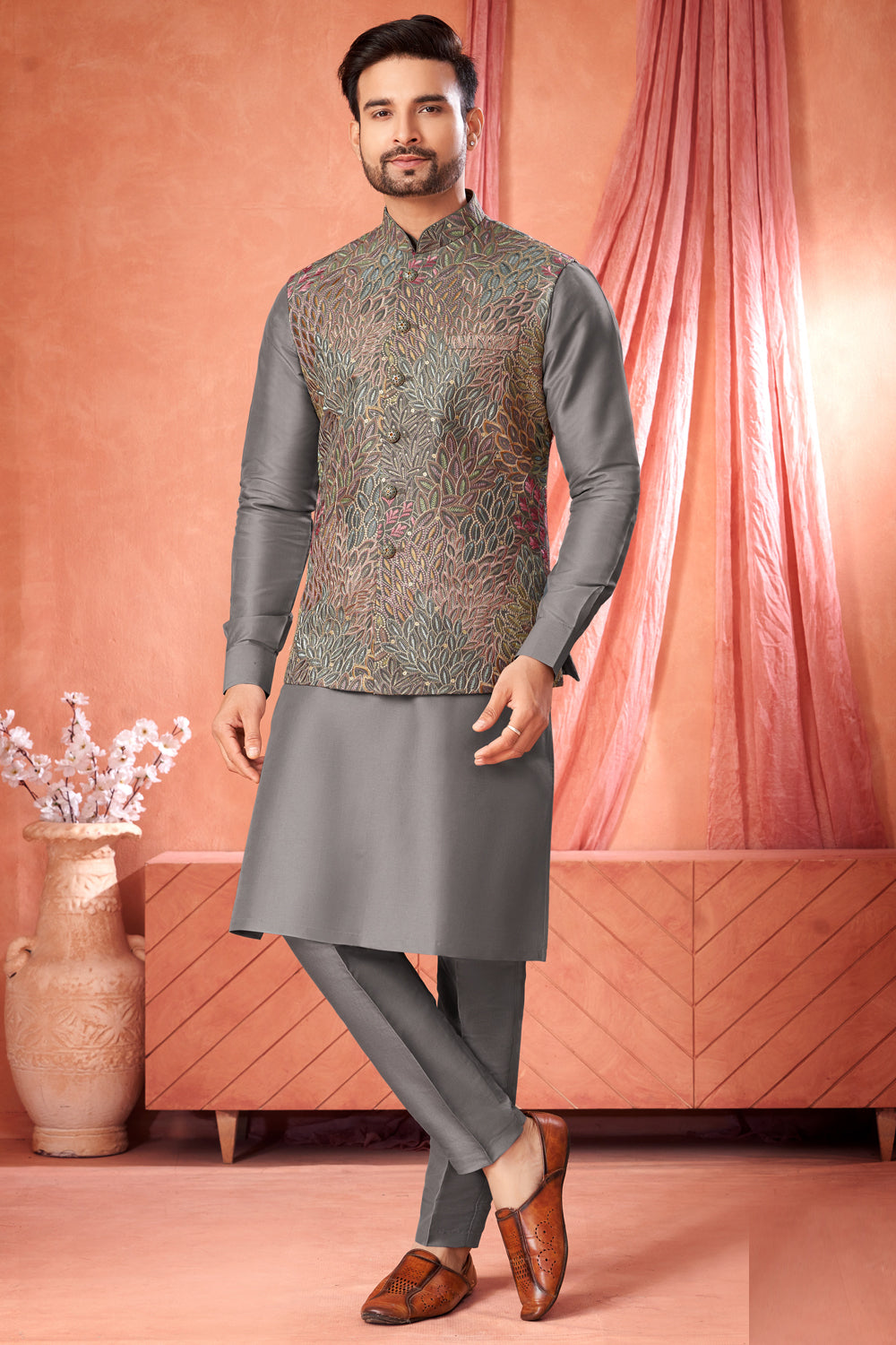 Grey Art Banarasi Silk Nehru Jacket for Men (NMK-8987)