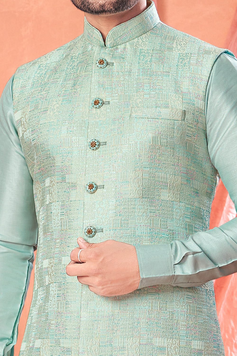 Sky Blue Jacquard Nehru Jacket (NMK-8989)