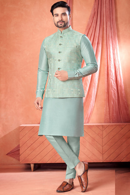 Sky Blue Jacquard Nehru Jacket (NMK-8989)