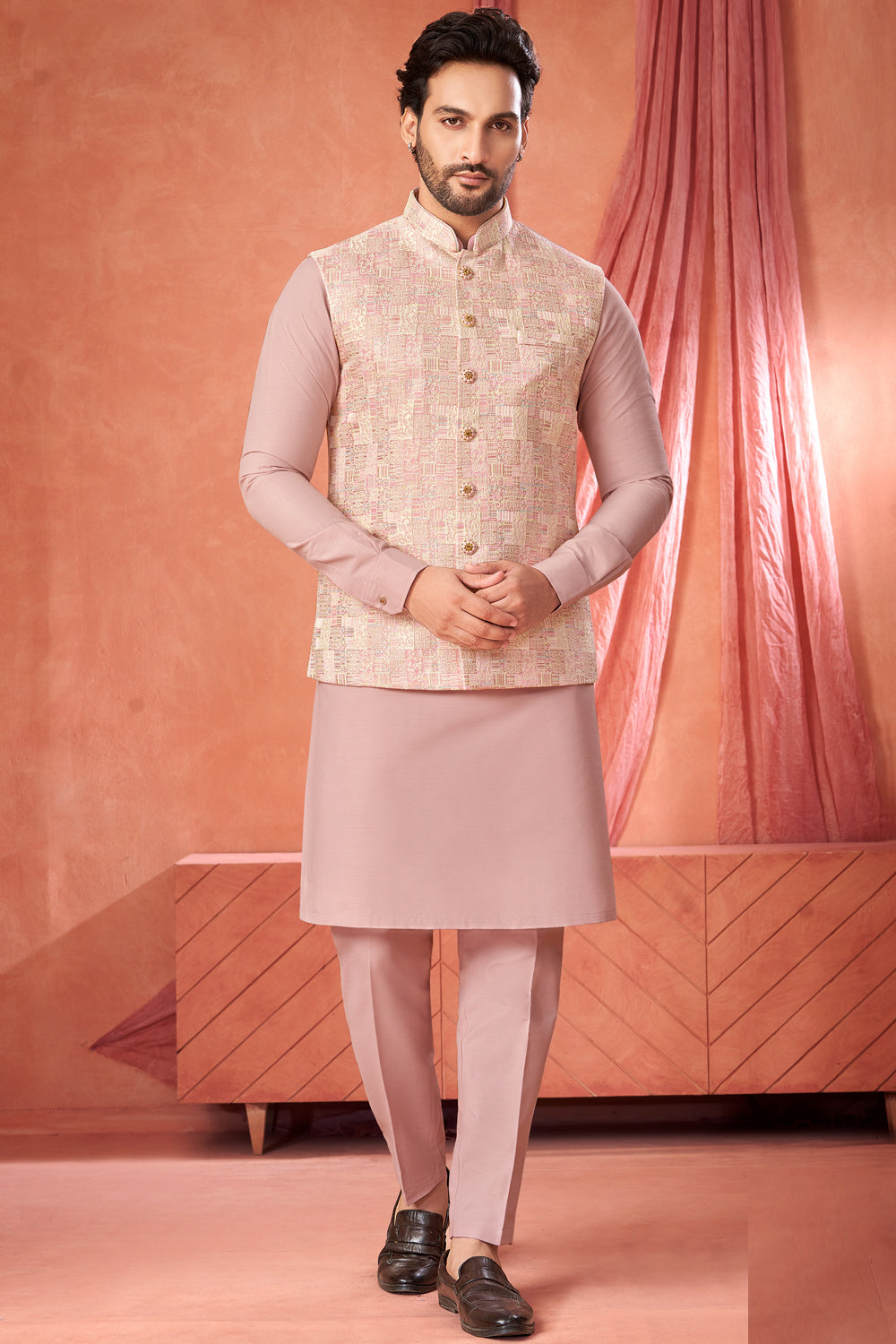 Pink Jacquard Nehru Jacket (NMK-8991)