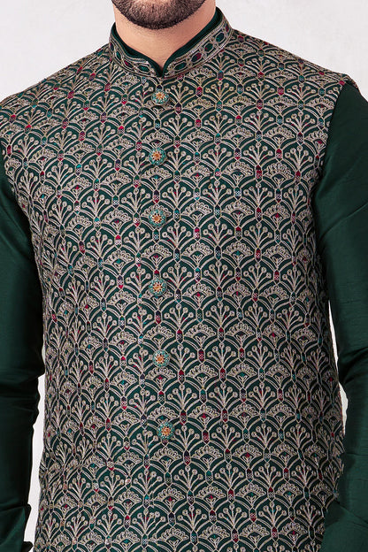 Bottle Green Art Banarasi Silk Nehru Jacket (NMK-8992)