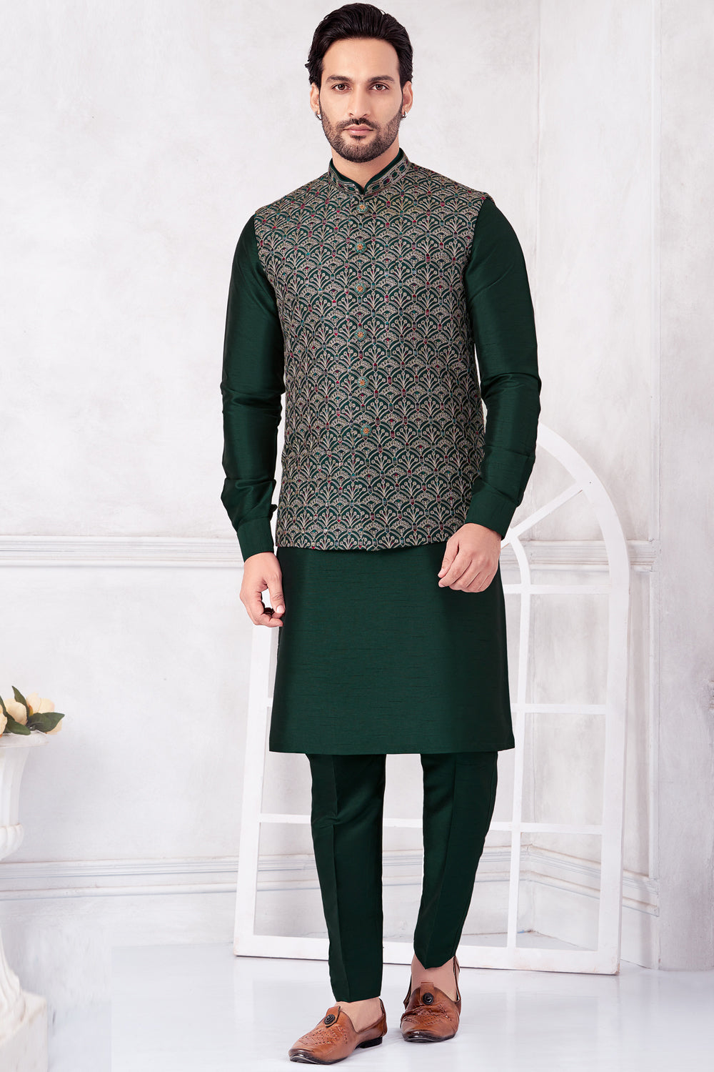 Bottle Green Art Banarasi Silk Nehru Jacket (NMK-8992)