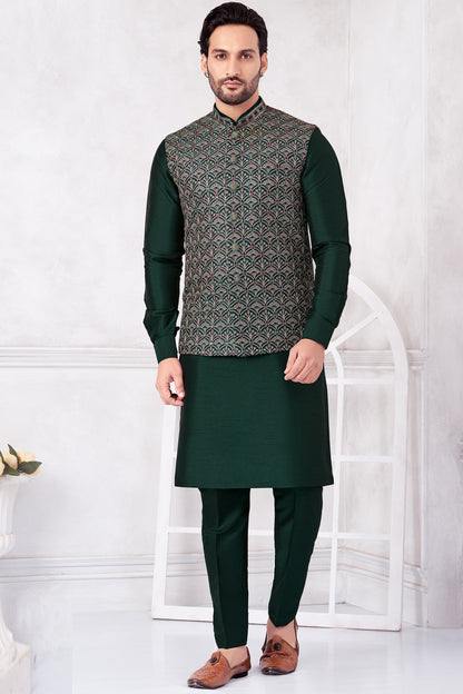 Bottle Green Art Banarasi Silk Nehru Jacket (NMK-8992)