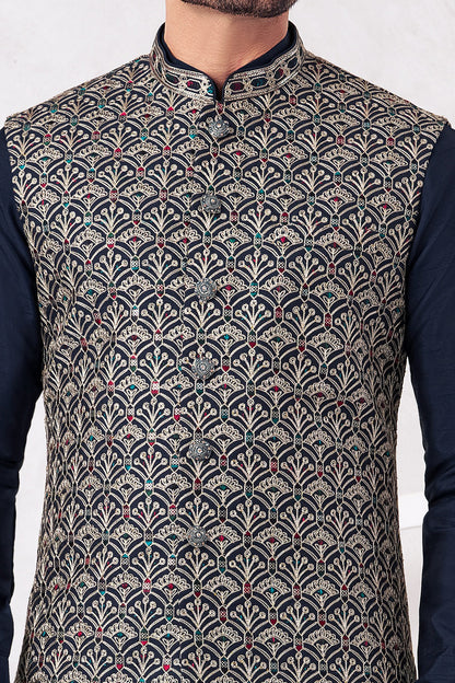 Navy Blue Art Banarasi Silk Nehru Jacket (NMK-8993)
