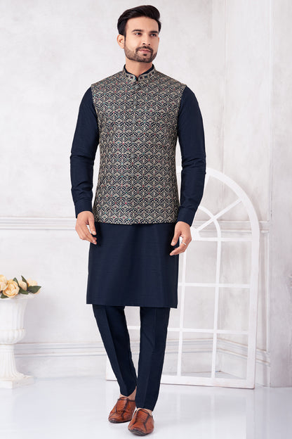 Navy Blue Art Banarasi Silk Nehru Jacket (NMK-8993)