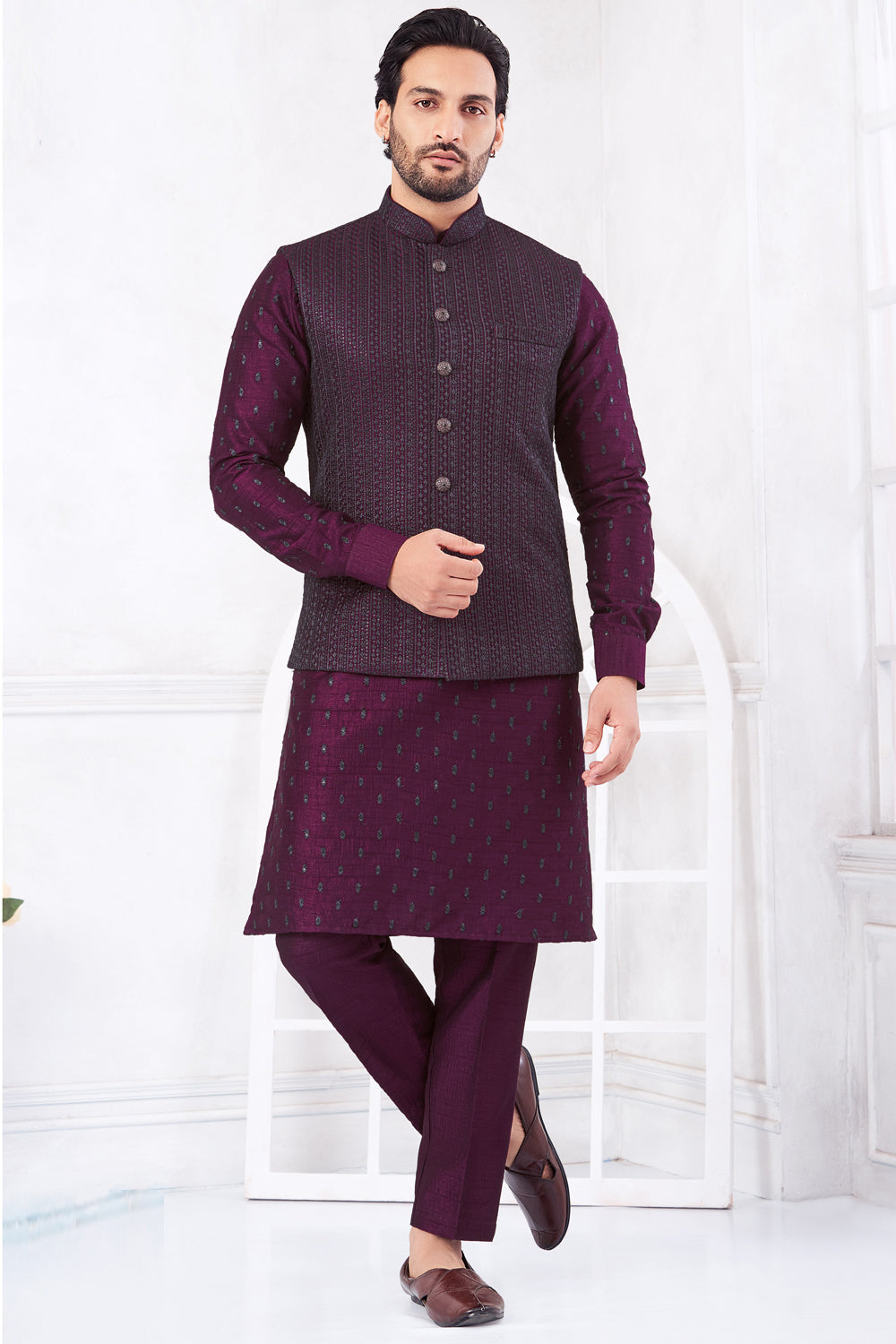 Wine Art Banarasi Silk Nehru Jacket (NMK-8997)